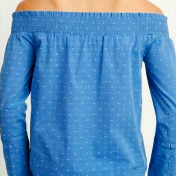 Maette Blue with white dots Smocked woven Off-Shoulder cotton Blouse, Medium - Picture 2 of 8